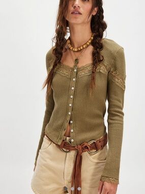 Free People Olive Lace-Trim Waffle Button Cardigan